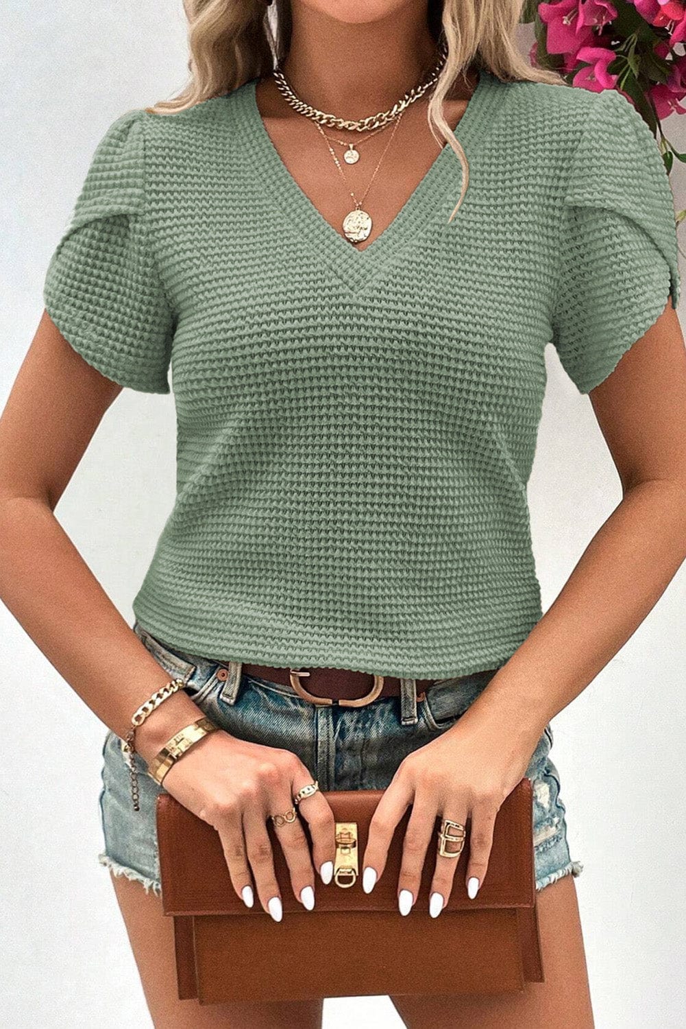 Green Waffle Knit T-Shirt with Petal Sleeves