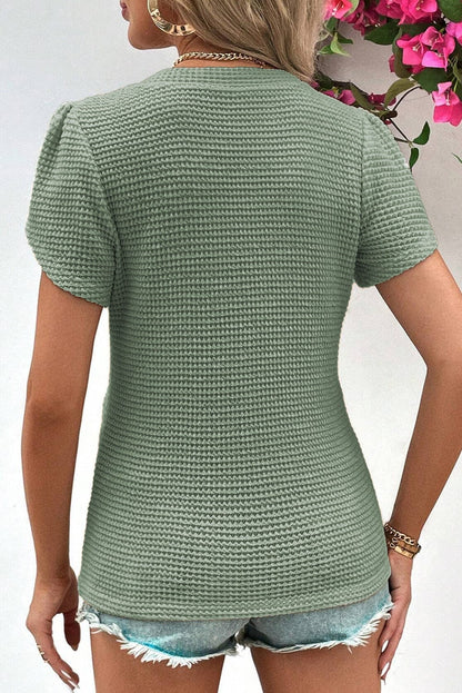 Green Waffle Knit T-Shirt with Petal Sleeves