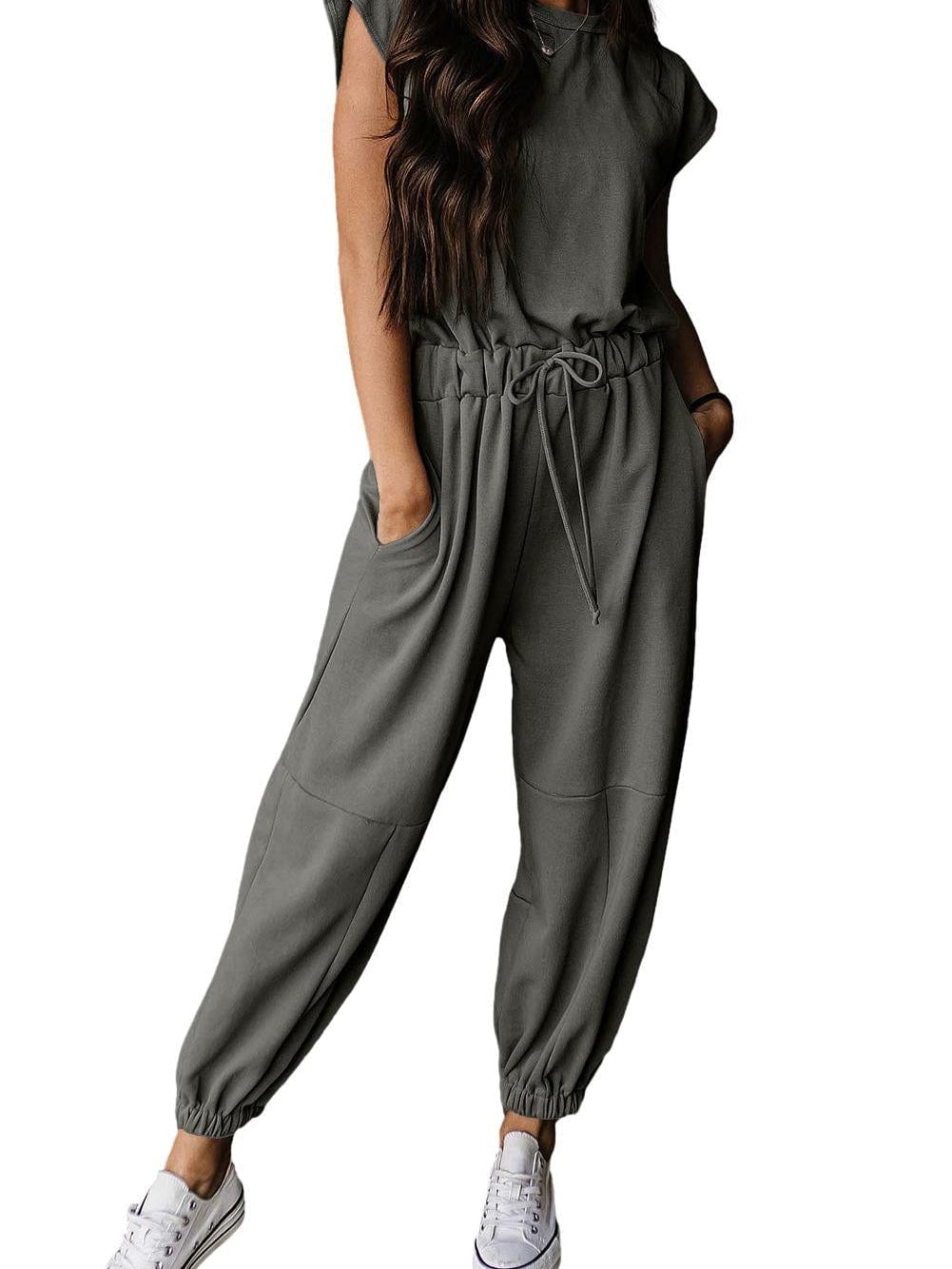 Grey Cap Sleeve Drawstring Jumpsuit with Open Back