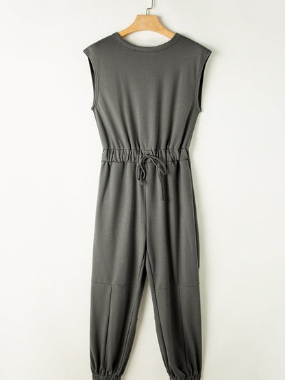 Grey Cap Sleeve Drawstring Jumpsuit with Open Back