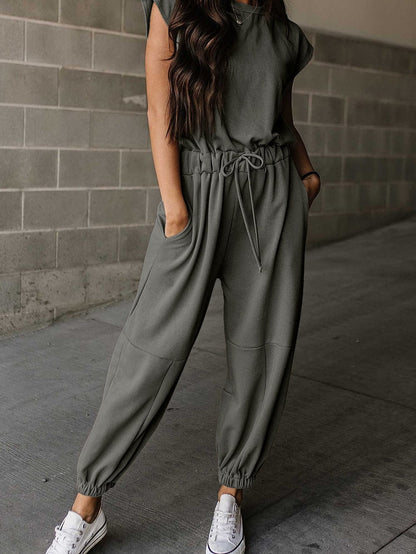 Grey Cap Sleeve Drawstring Jumpsuit with Open Back