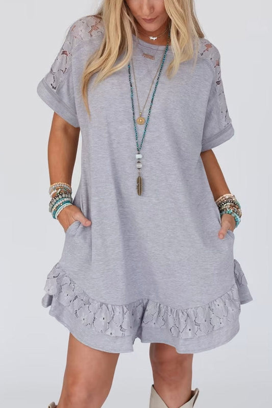 Grey Floral Lace Patchwork Ruffle T-shirt Mini Dress