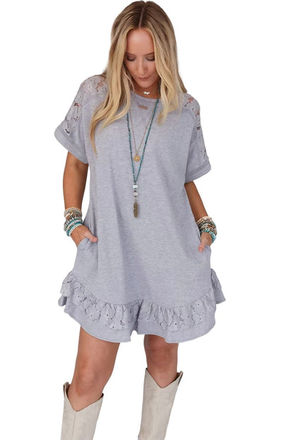Grey Floral Lace Patchwork Ruffle T-shirt Mini Dress