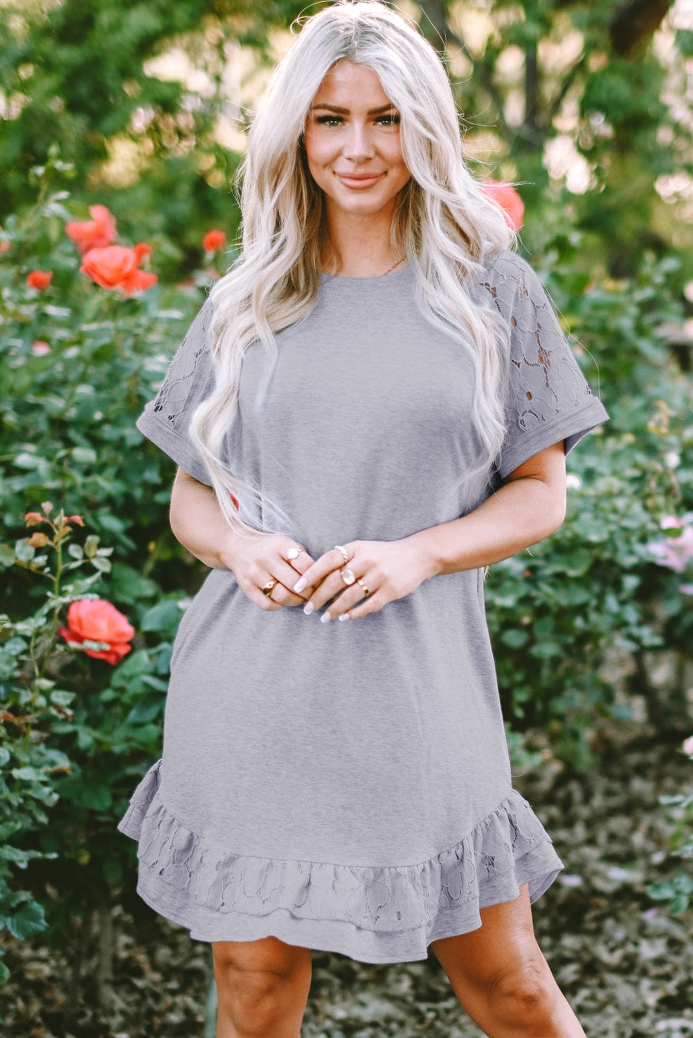 Grey Floral Lace Patchwork Ruffle T-shirt Mini Dress
