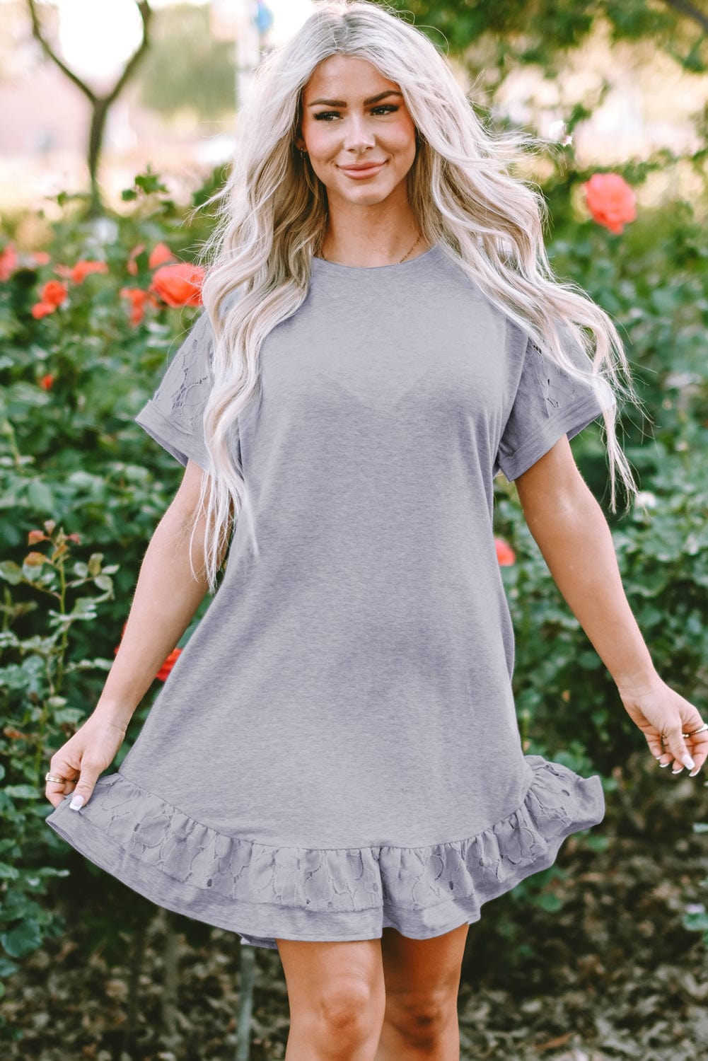 Grey Floral Lace Patchwork Ruffle T-shirt Mini Dress