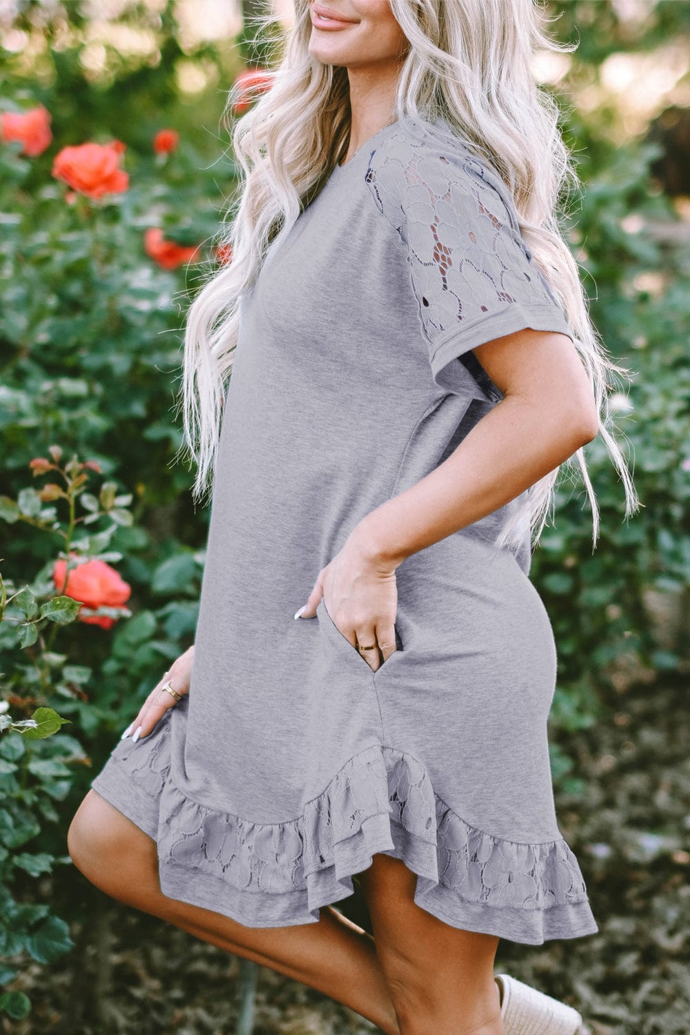 Grey Floral Lace Patchwork Ruffle T-shirt Mini Dress