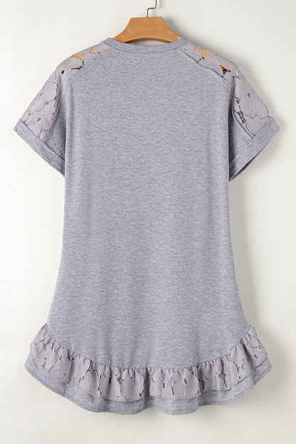 Grey Floral Lace Patchwork Ruffle T-shirt Mini Dress