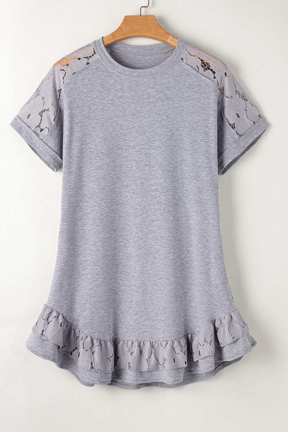 Grey Floral Lace Patchwork Ruffle T-shirt Mini Dress