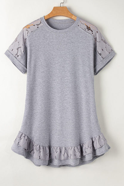 Grey Floral Lace Patchwork Ruffle T-shirt Mini Dress