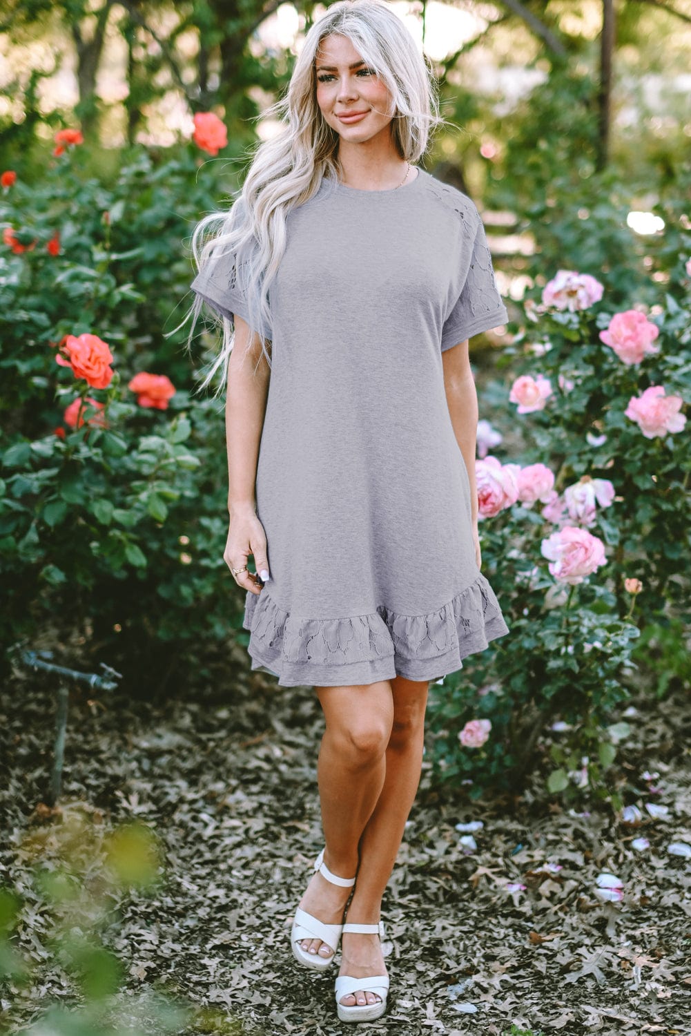 Grey Floral Lace Patchwork Ruffle T-shirt Mini Dress