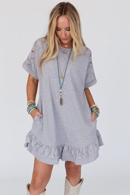 Grey Floral Lace Patchwork Ruffle T-shirt Mini Dress