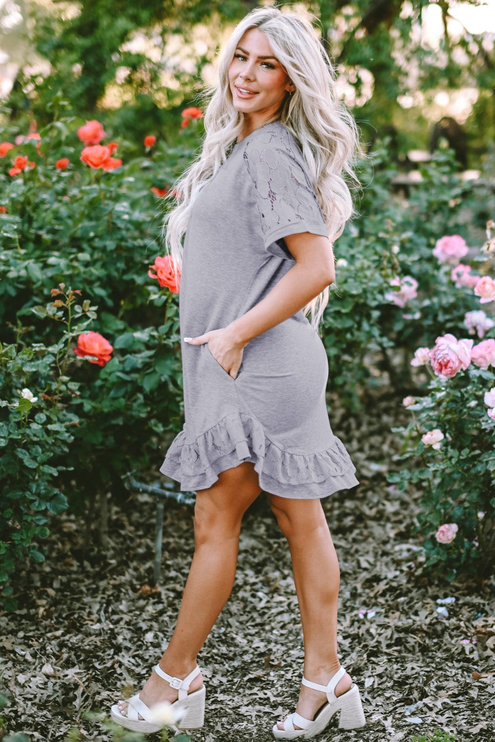 Grey Floral Lace Patchwork Ruffle T-shirt Mini Dress