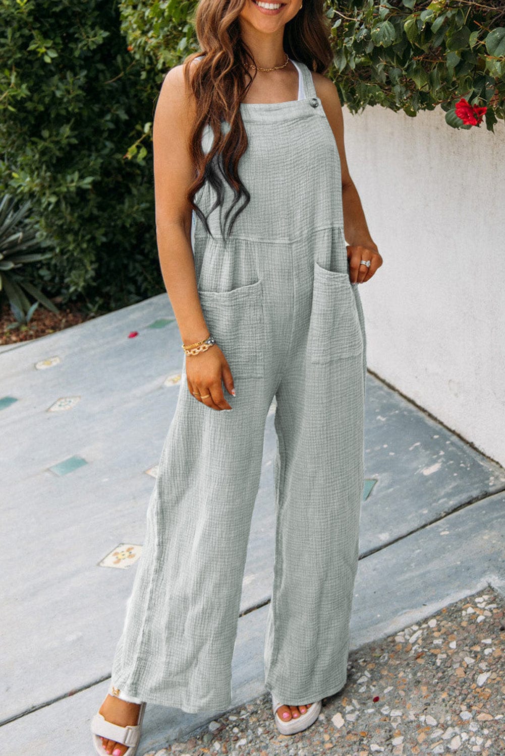 Grey Strappy Buttoned Jumpsuit with Wide Legs
