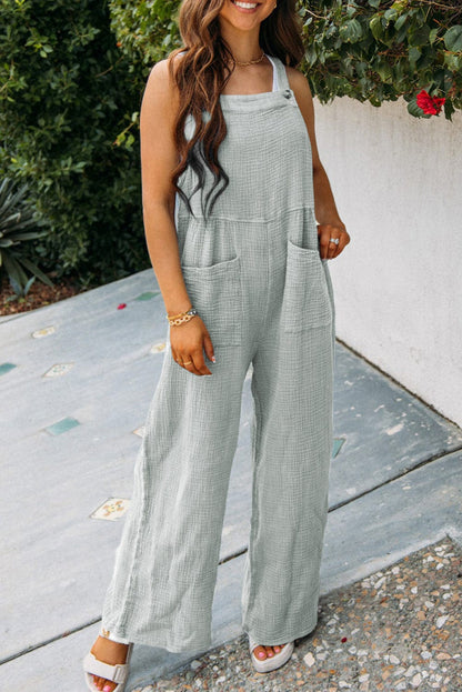 Grey Strappy Buttoned Jumpsuit with Wide Legs