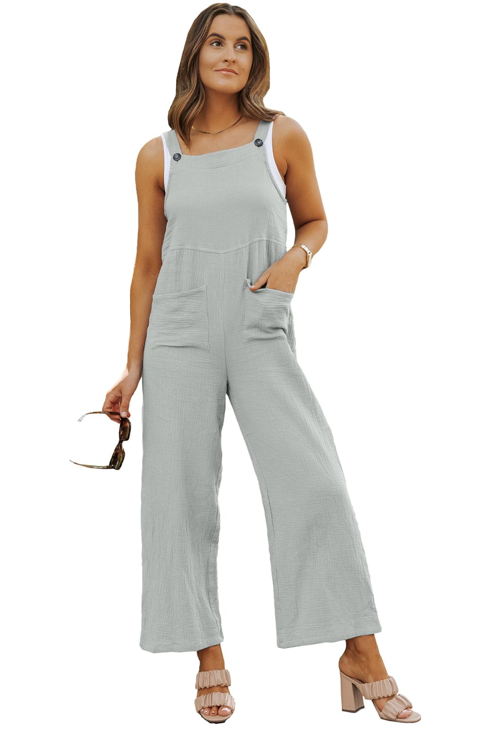 Grey Strappy Buttoned Jumpsuit with Wide Legs