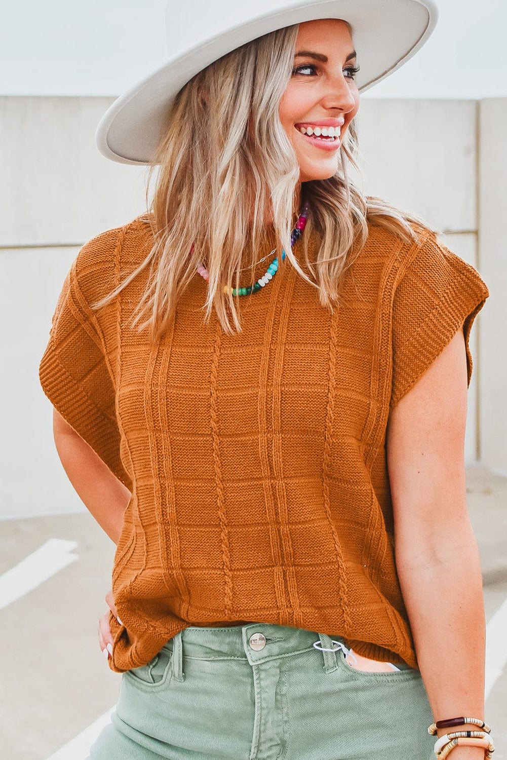Grid Textured Chestnut V-Neck Short Sleeve Sweater