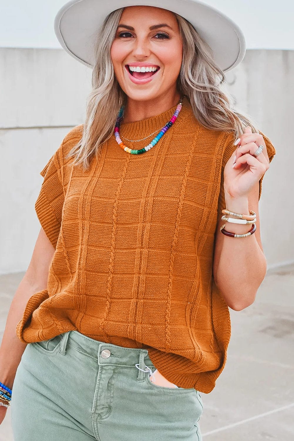 Grid Textured Chestnut V-Neck Short Sleeve Sweater