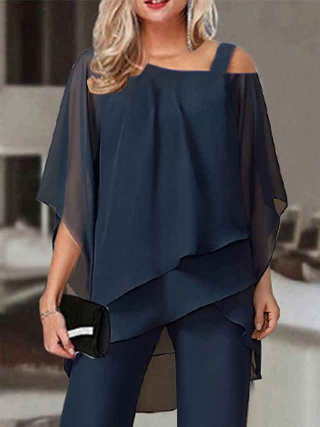 Jumpsuits for Women Summer Dressy Button Solid Color Cold Shoulder Business Party Office Elegant Straight Regular Fit Half Sleeve Cold Shoulder Black White Red S M L Summer - LuckyFash™