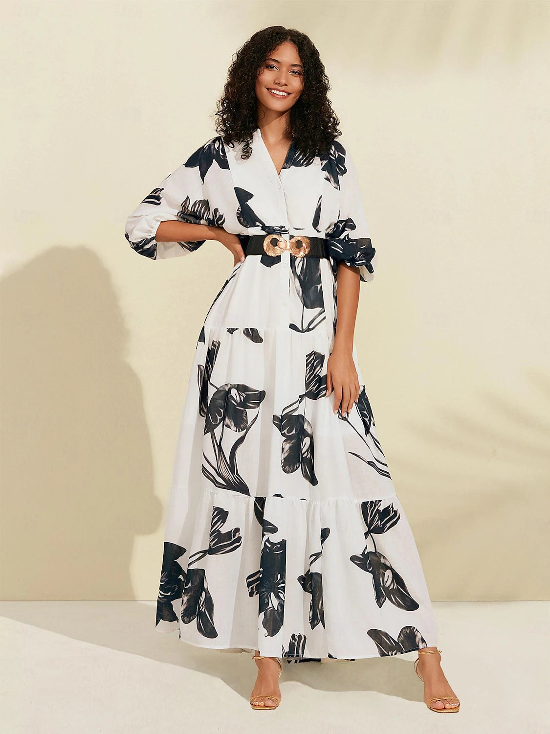 Floral V Neck Belted Maxi Dress