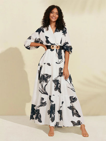 Floral V Neck Belted Maxi Dress