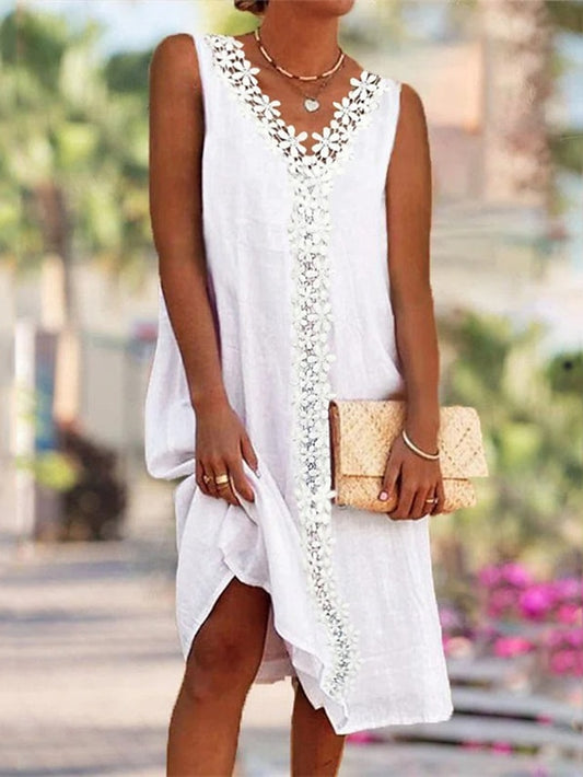 Women's Dress - Shift Dress Midi Dress White Gray Sleeveless Heart Lace Spring Summer V Neck Vacation Loose Fit 2023 S M L XL XXL