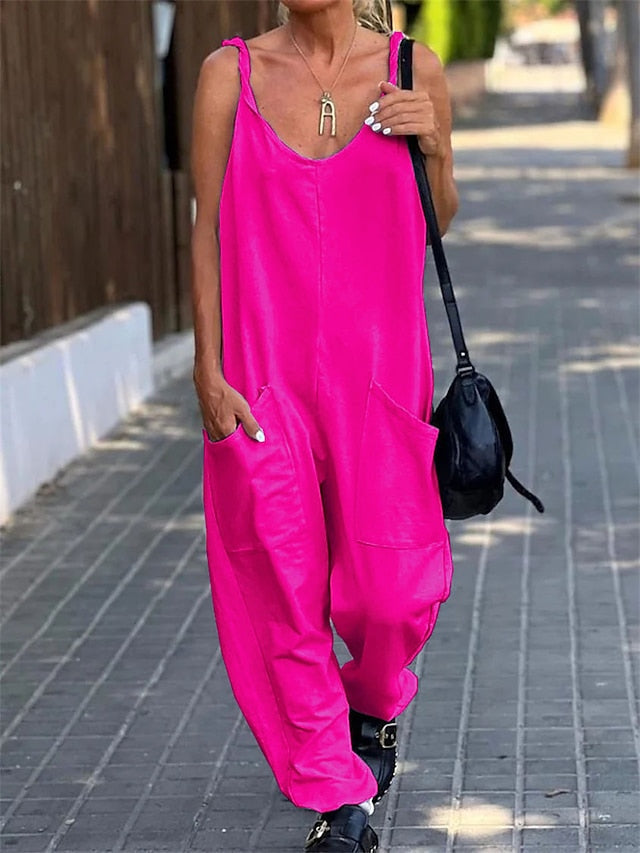 Jumpsuits for Women Summer Maternity Pocket Solid Color V Neck Streetwear Street Daily Loose Fit Spaghetti Strap Black White Pink S M L - LuckyFash™
