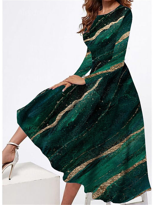 Women's Dress - Casual Dress Swing Dress Midi Dress Green Long Sleeve Color Gradient Pocket Winter Fall Spring Crew Neck Fashion Daily Weekend 2023 S M L XL XXL 3XL