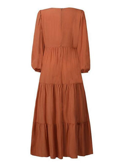 Women's Dress - Swing Dress Long Dress Maxi Dress Dark Green Brown Black Long Sleeve Pure Color Ruched Pleated Patchwork Fall Spring V Neck Boho Casual Fall Dress Lantern Sleeve Loose Fit M L XL XXL XXXL 4XL