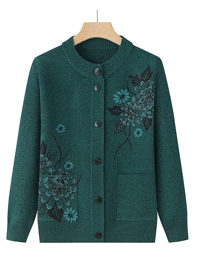 Women's Cardigan Sweater Crew Neck Ribbed Knit Polyester Button Pocket Fall Winter Outdoor Holiday Going out Stylish Casual Soft Long Sleeve Floral claret Grass Green Leather Pink XL 2XL 3XL