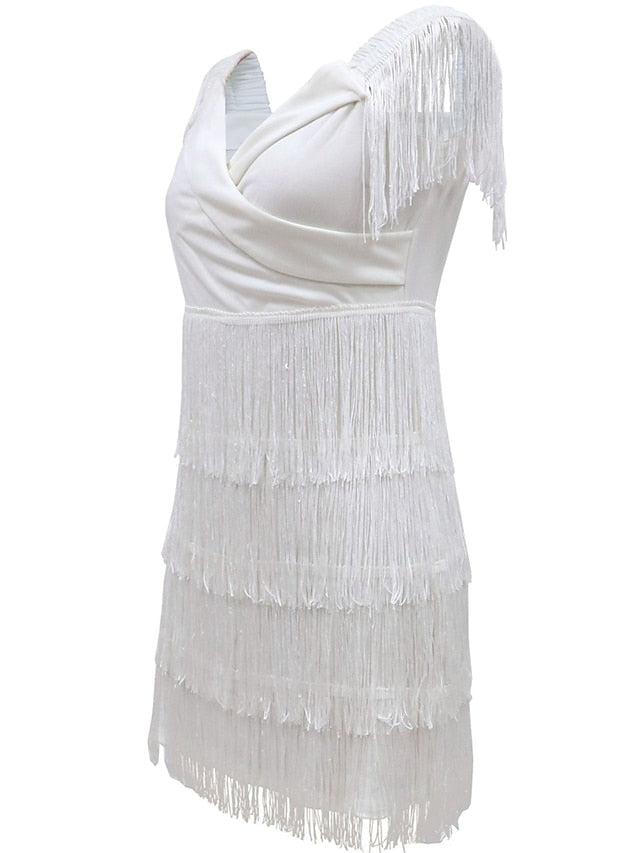 Women's Dress - Semi Formal Party Dress Wedding Guest Dress Fringe Dress Sheath Dress Mini Dress Black White Sleeveless Pure Color Tassel Fringe Fall Spring Summer V Neck Fashion Birthday 2023 S M L XL