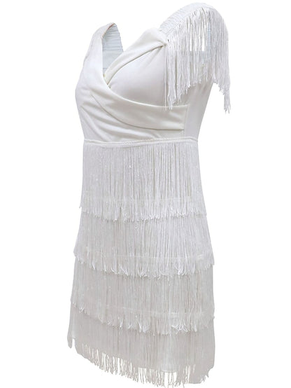 Women's Dress - Semi Formal Party Dress Wedding Guest Dress Fringe Dress Sheath Dress Mini Dress Black White Sleeveless Pure Color Tassel Fringe Fall Spring Summer V Neck Fashion Birthday 2023 S M L XL
