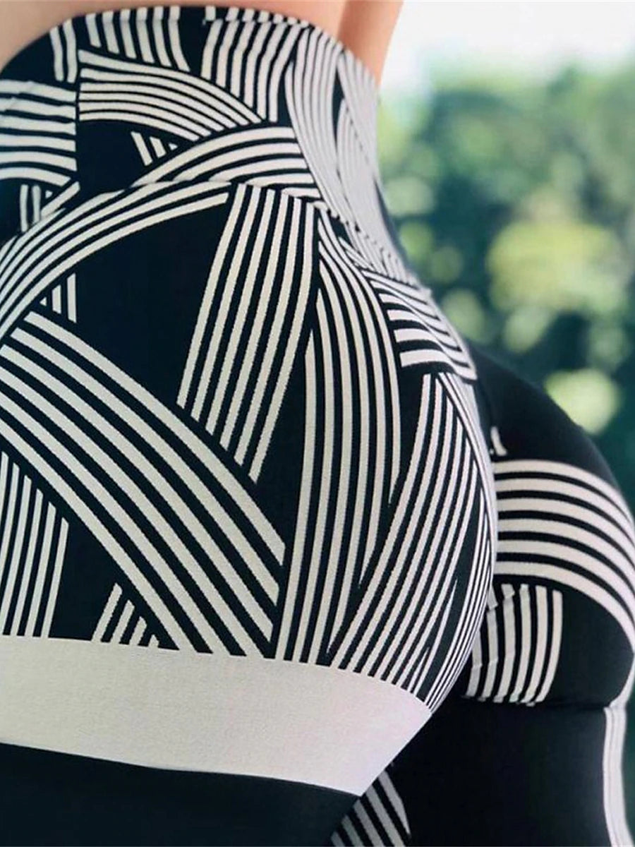 Women's Leggings Polyester Stripe Robin's Egg Blue White Active High Waist Ankle-Length Outdoor Yoga Fall Winter