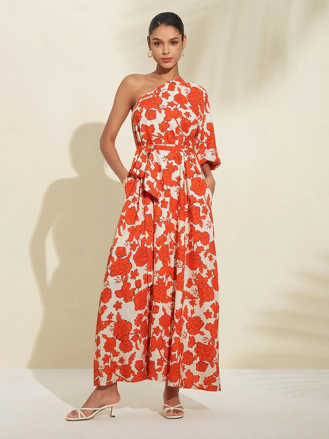 Floral Diagonal Neck Maxi Dress