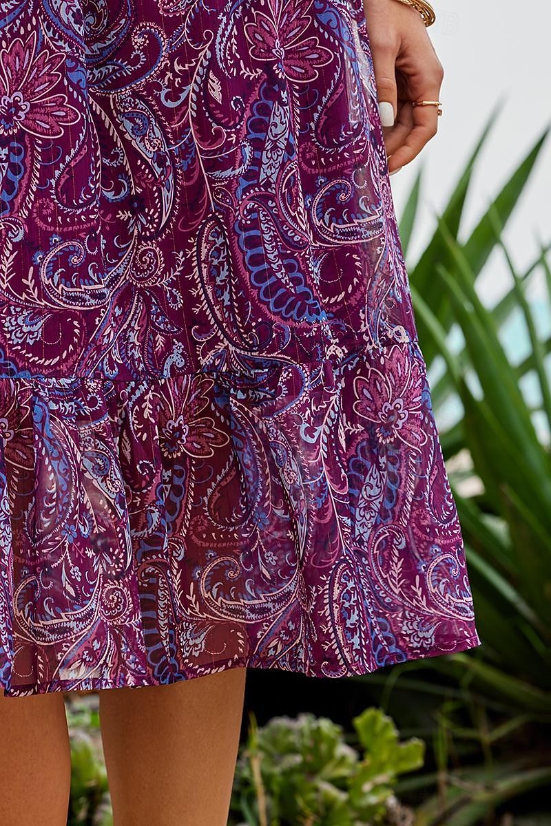 Women's Paisley Metallic Crinkle Chiffon Elastic Waist Midi Dress