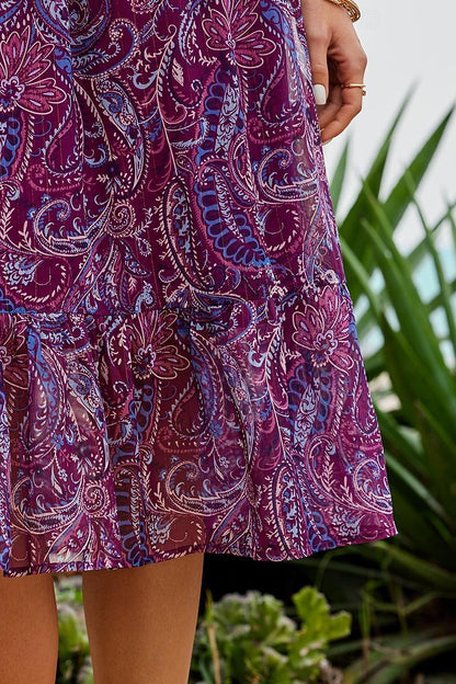 Women's Paisley Metallic Crinkle Chiffon Elastic Waist Midi Dress