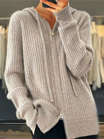 Women's Cardigan Sweater Hooded Ribbed Knit Knit Zipper Fall Winter Regular Outdoor Daily Going out Stylish Casual Soft Long Sleeve Solid Color Black Camel Beige One-Size