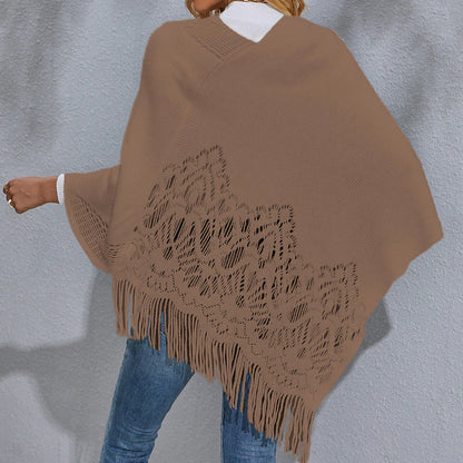 Women's Poncho Sweater Crew Neck Ribbed Knit Acrylic Tassel Knitted Fall Winter Tunic Outdoor Daily Holiday Stylish Casual Soft Long Sleeve Pure Color Black White Red S M L