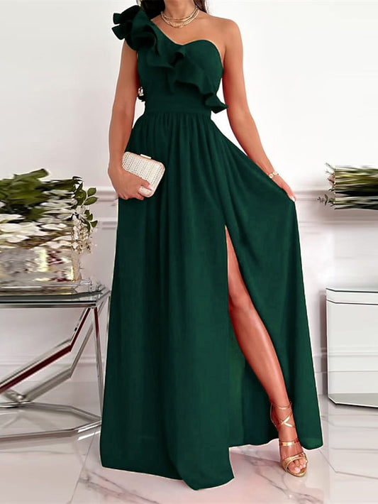 Women's Dress - Party Dress Wedding Guest Dress Swing Dress Long Dress Maxi Dress Green Black Wine Sleeveless Pure Color Ruffle Spring Summer One Shoulder Party Slim 2023 S M L XL XXL