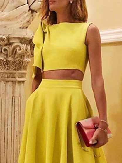 Women's Dress - Dress Set Two Piece Dress Swing Dress Long Dress Maxi Dress Yellow Short Sleeve Pure Color Ruffle Spring Summer Crew Neck Party Party 2023 S M L XL