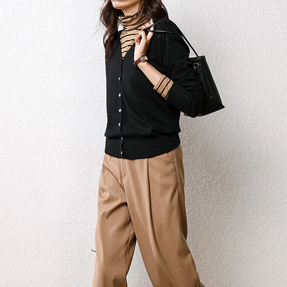 Women's Cardigan Sweater V Neck Ribbed Knit Polyester Button Fall Winter Short Daily Going out Weekend Stylish Casual Soft Long Sleeve Solid Color Haze blue Black White S M L