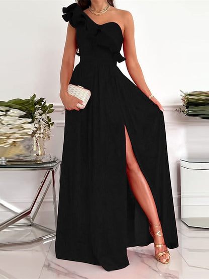 Women's Dress - Party Dress Wedding Guest Dress Swing Dress Long Dress Maxi Dress Green Black Wine Sleeveless Pure Color Ruffle Spring Summer One Shoulder Party Slim 2023 S M L XL XXL