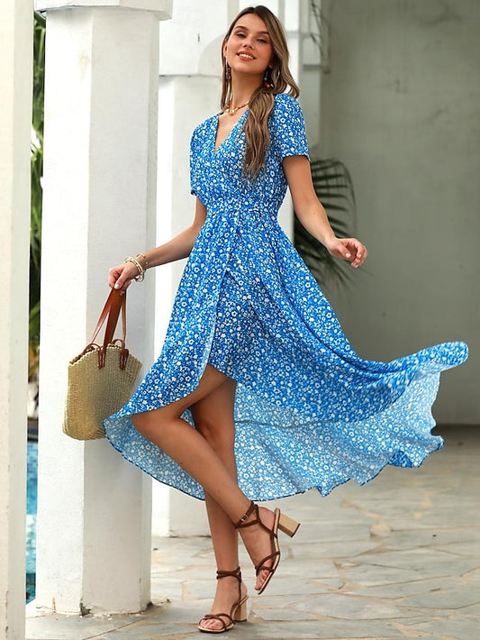 Women's Floral Ruffle Dress Blue Chiffon A Line Dress Midi Split Thigh V Neck Beach Vacation Sleeveless Summer