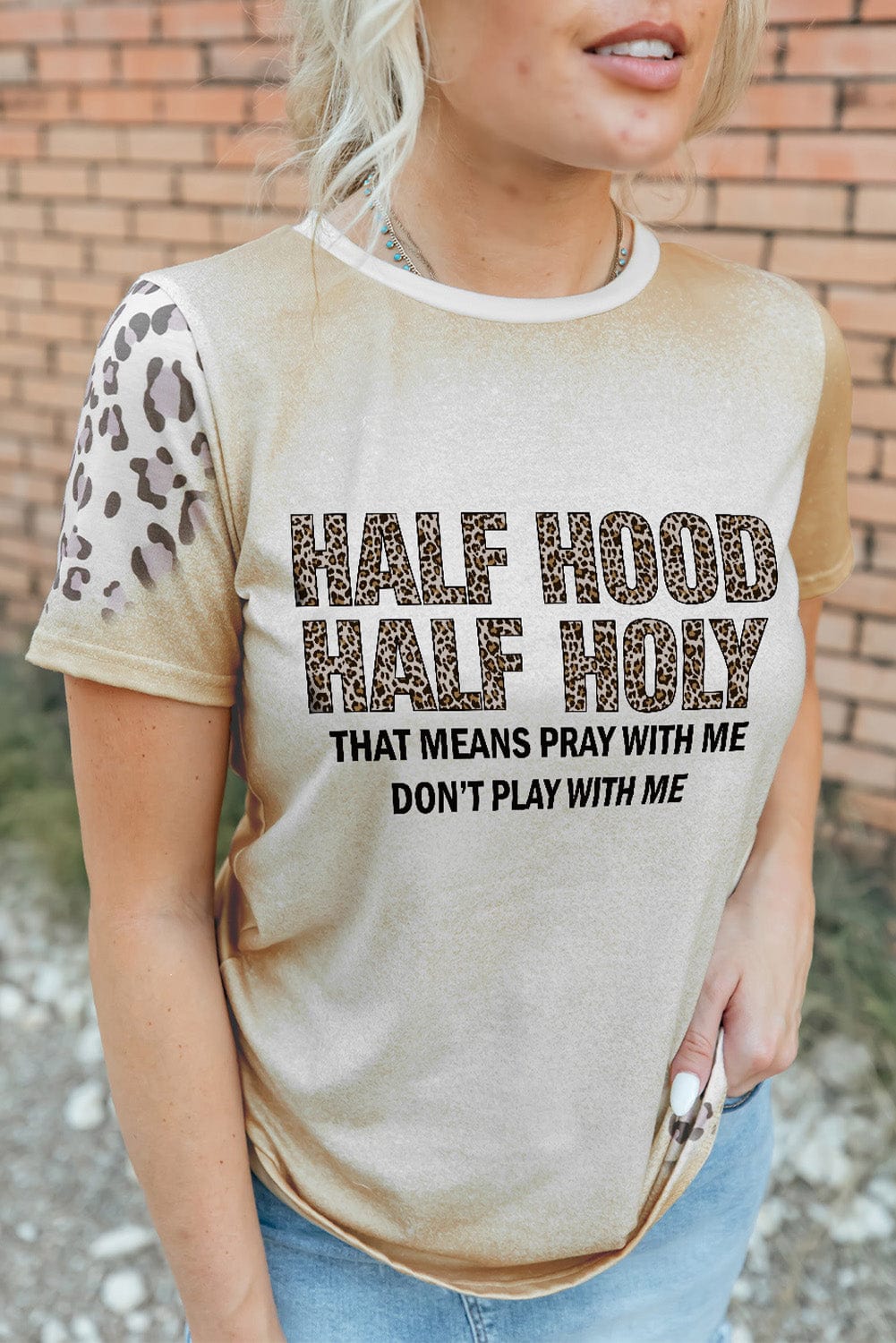 Half Holy Khaki Asymmetric Leopard Graphic Tee