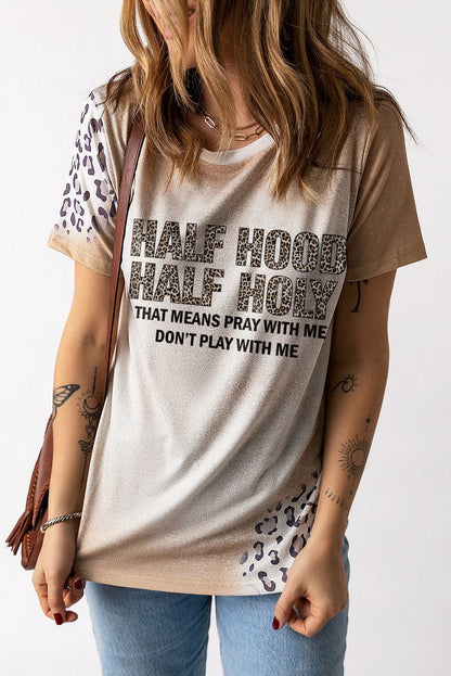 Half Holy Khaki Asymmetric Leopard Graphic Tee