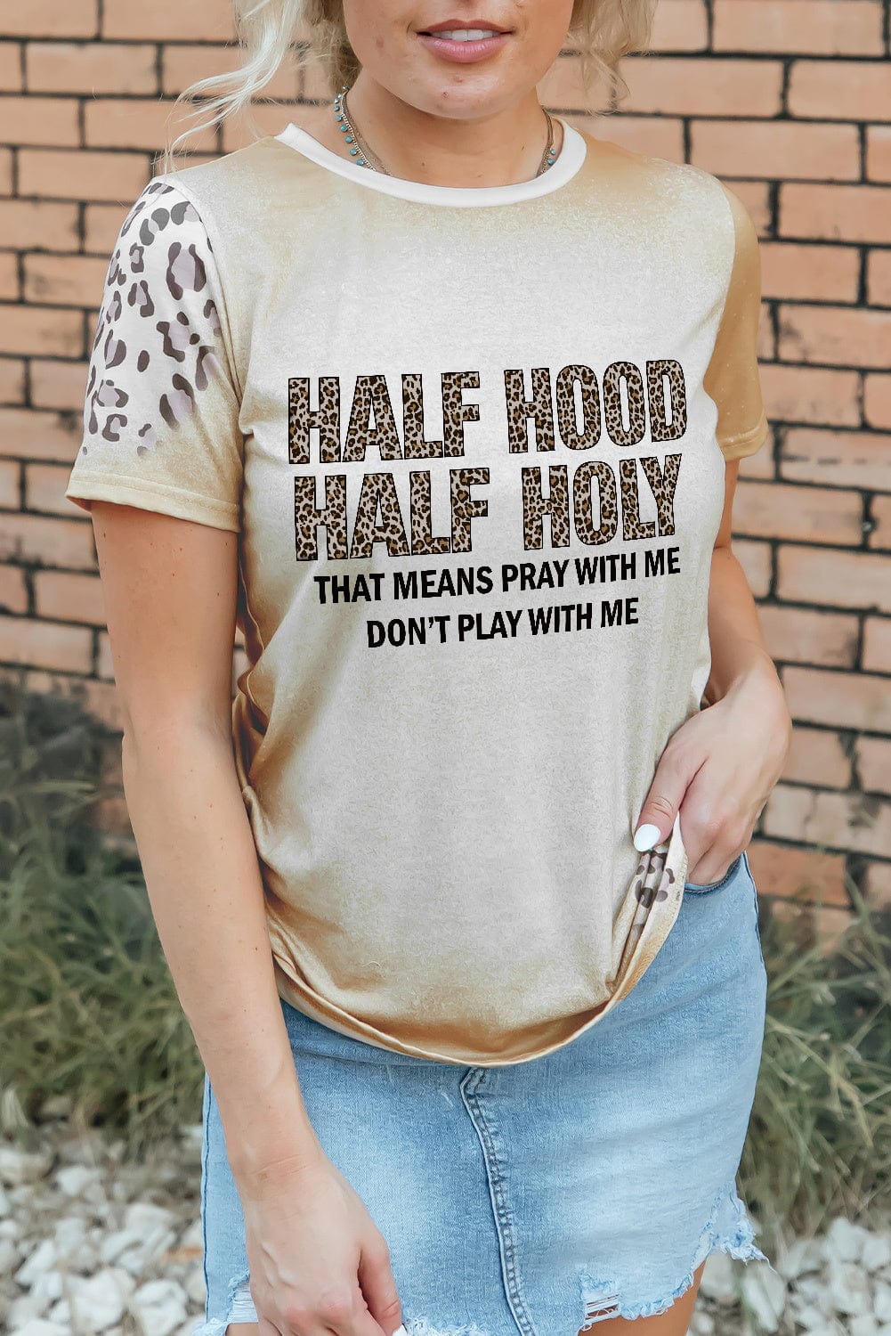 Half Holy Khaki Asymmetric Leopard Graphic Tee