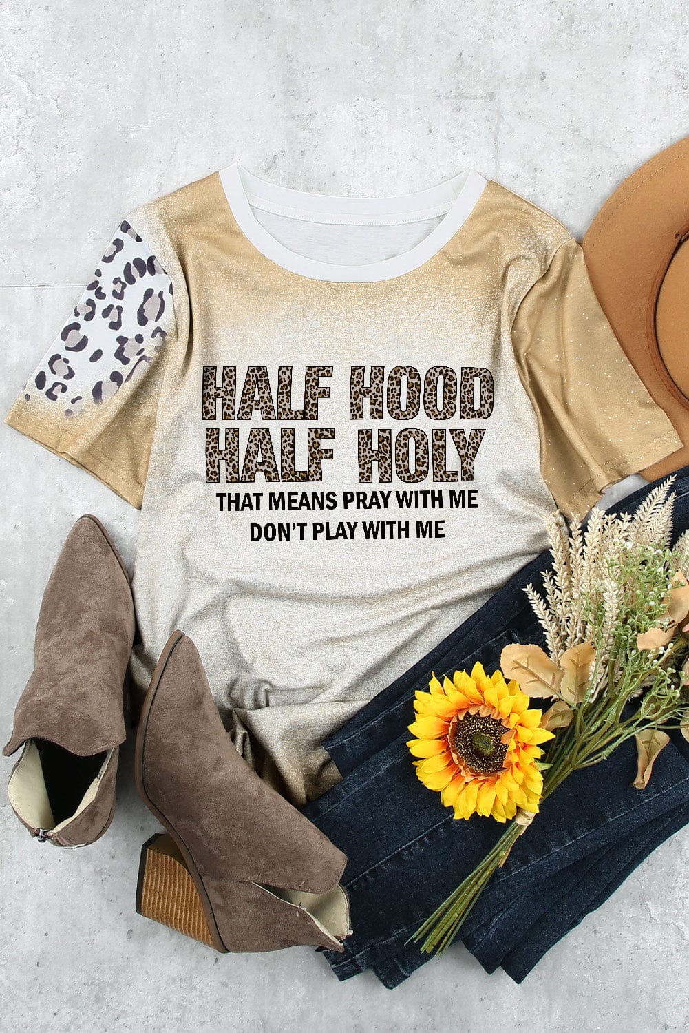 Half Holy Khaki Asymmetric Leopard Graphic Tee