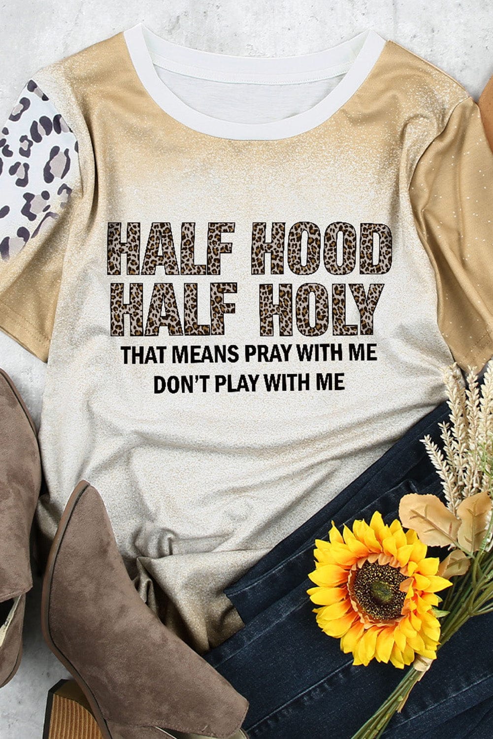 Half Holy Khaki Asymmetric Leopard Graphic Tee