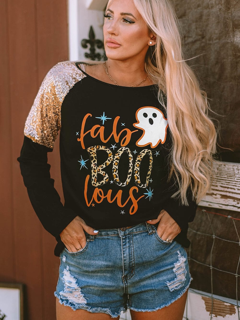 Halloween Leopard Boo Ghost Sequin Graphic Raglan Top