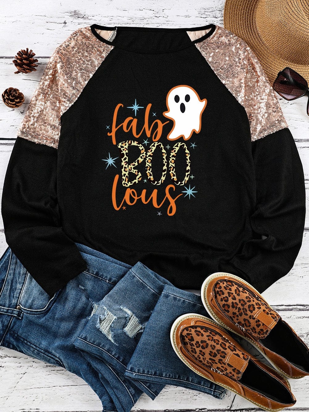 Halloween Leopard Boo Ghost Sequin Graphic Raglan Top