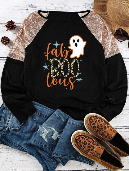 Halloween Leopard Boo Ghost Sequin Graphic Raglan Top